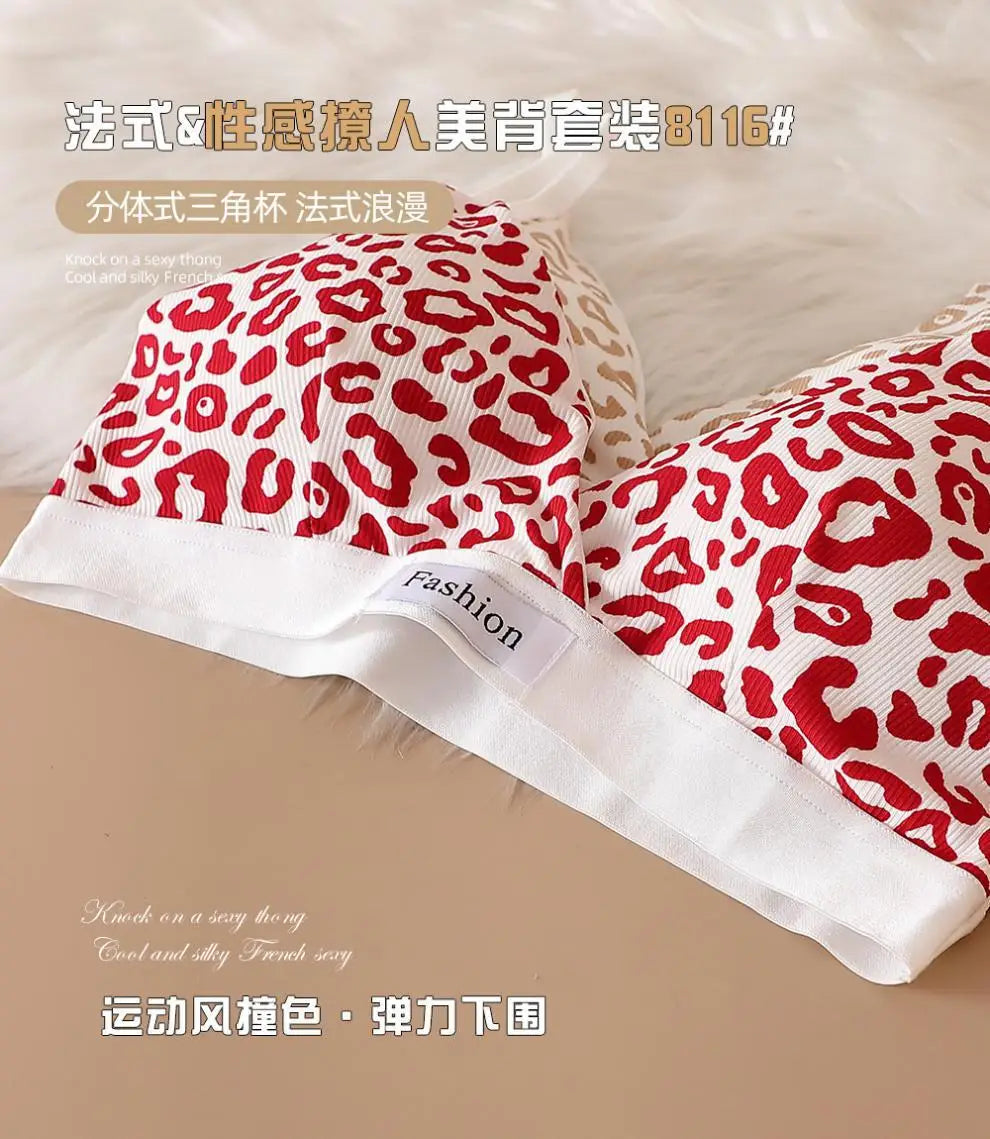 Women Seamless Bra Set Low Waist Panties Leopard Bralette Sexy Lingerie Set Vneck Sport Brassiere Female Cotton Underwear Set