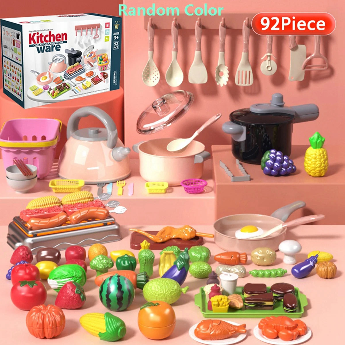 Kids Kitchen Toy Accessories, Pretend Cooking Playset with Play Pots and Pans, Utensils Cookware Toys, Play Food Set, Toy Veget
