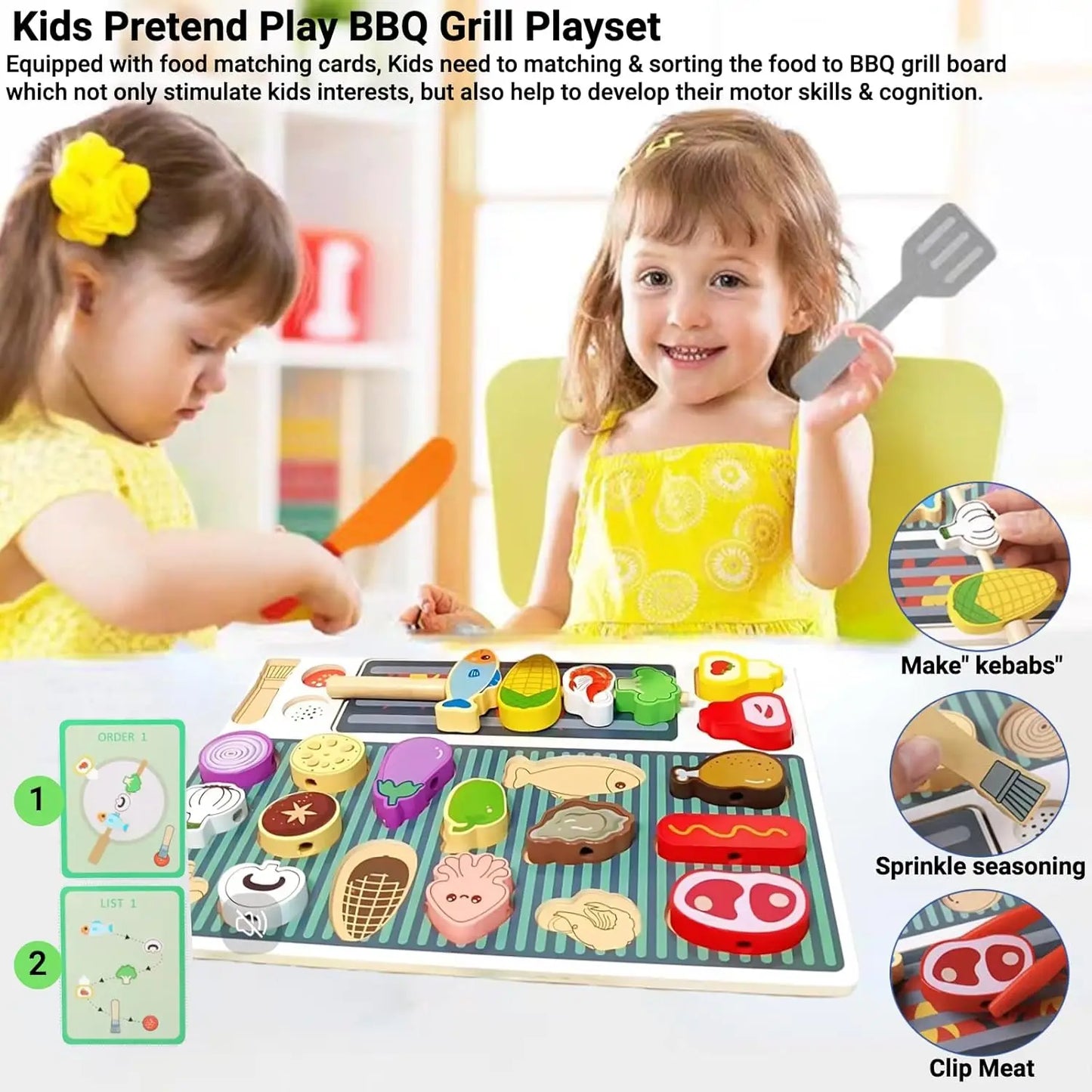 Wooden Kitchen Toys Set for Kids,Pretend Cooking Food Playset-BBQ Grill Toy with Food & Kitchen Toy Accessories Fine Motor Toys