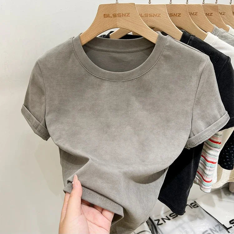 Women's Cotton T-shirt Female Summer 2025 Short Sleeve Washed Vintage Tee Harajuku Casual O-Neck Simple Slim Fit T Shirts