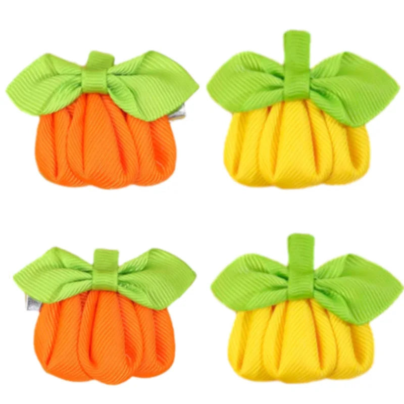 Oaoleer 2Pcs Pumpkin Hair Clip For Baby Girls Solid Grosgrain Ribbon Hair Pin Barrettes Kids Headwear Halloween Hair Accessories