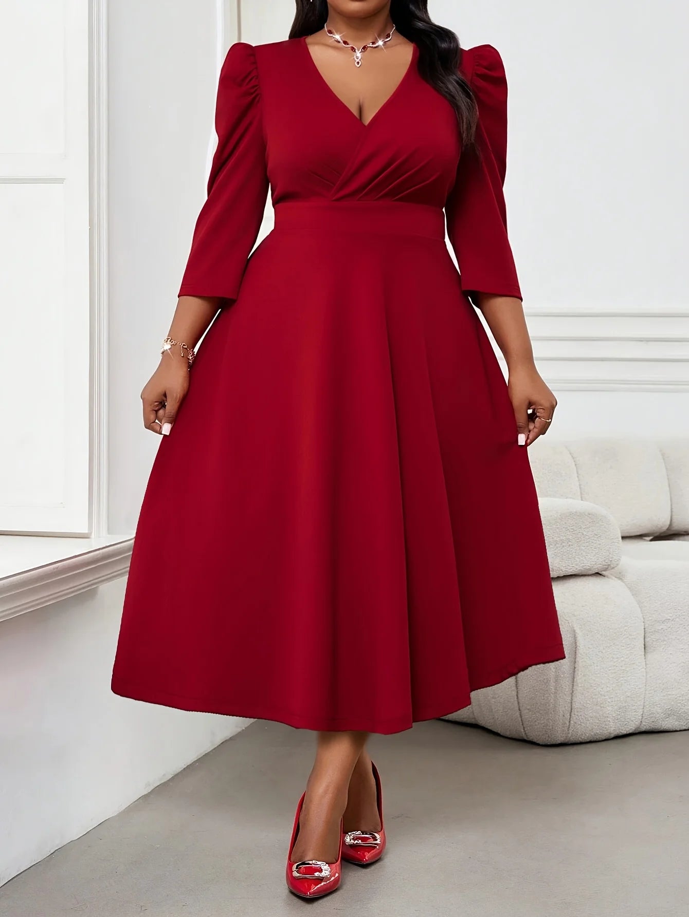 Elegant red dress for large-sized women, high-end women's wear, spring and autumn three-quarter sleeves, elegant women's wear gr