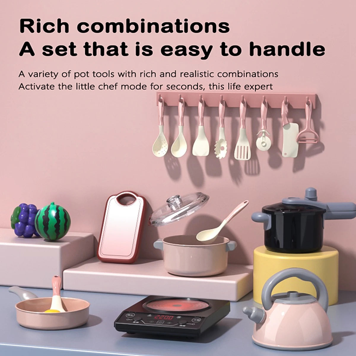 Kids Kitchen Toy Accessories, Pretend Cooking Playset with Play Pots and Pans, Utensils Cookware Toys, Play Food Set, Toy Veget