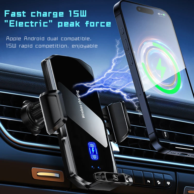 Wireless Car Phone Holder Stand 15W Fast Charge Touch Control Air Vent Phone Bracket Tempered Glass Panel for iPhone Android