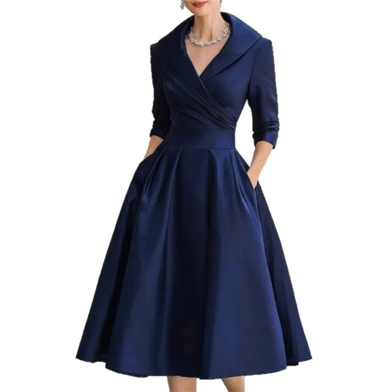Women Elegant Wedding Guest Dress Turndown Collar Mid-Length Waisted A-Line Evening Dress Cocktail Party Satin Midi Dresses