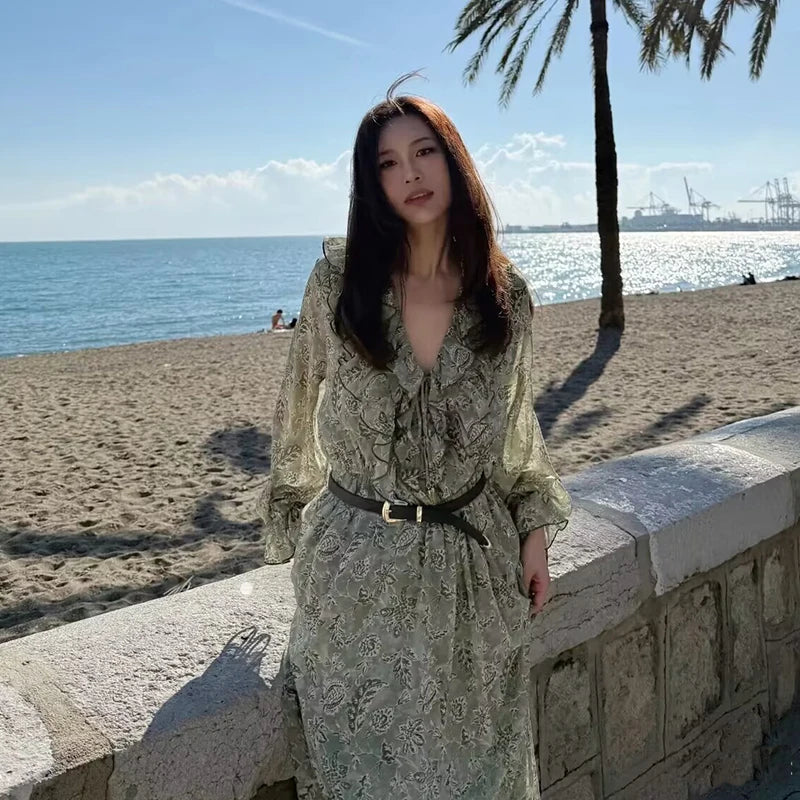 Dresses Women's 2025 New Spring Chiffon Print V-neck Chic Slim Long Dress Fashion Elegant Holiday Street Women's Dress