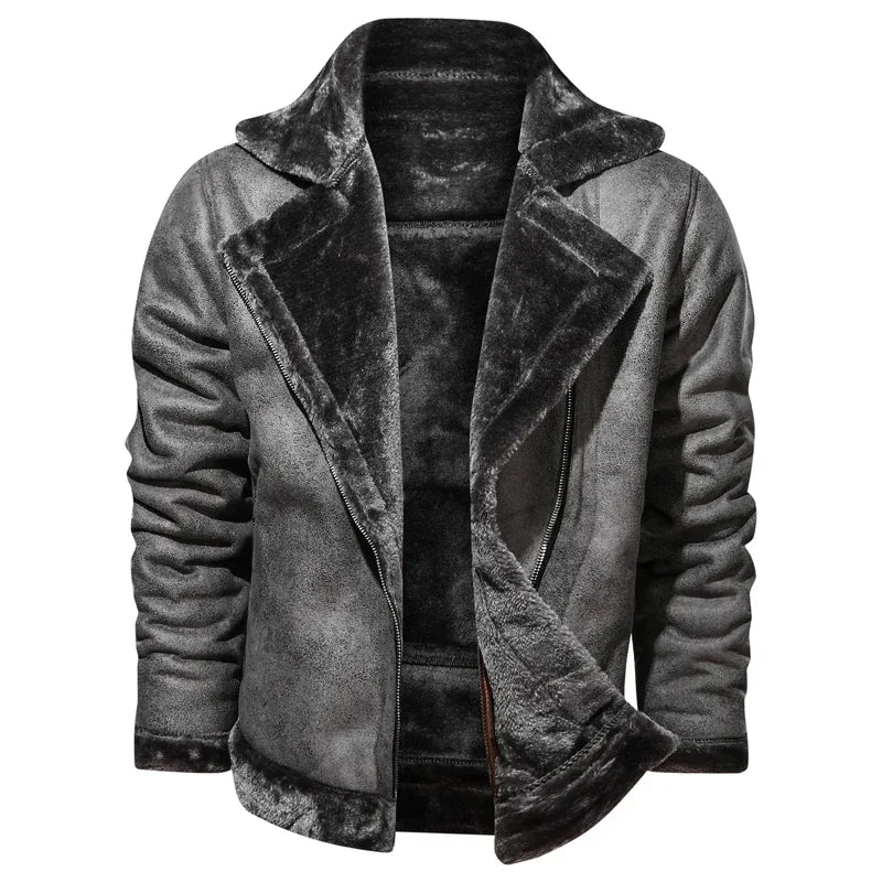 2022 Winter Jacket Mens Suede Leather Jacket Lapel Collar Vintage Style Warm Thick Fur Slim Fit Men Jackets M-4XL