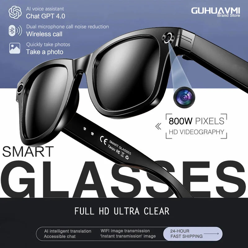 800W With Camera Smart Glasses Woman Video Recording AI Photo Recognition Eyewear Earphone Call Translation Voice Sunglasses Men