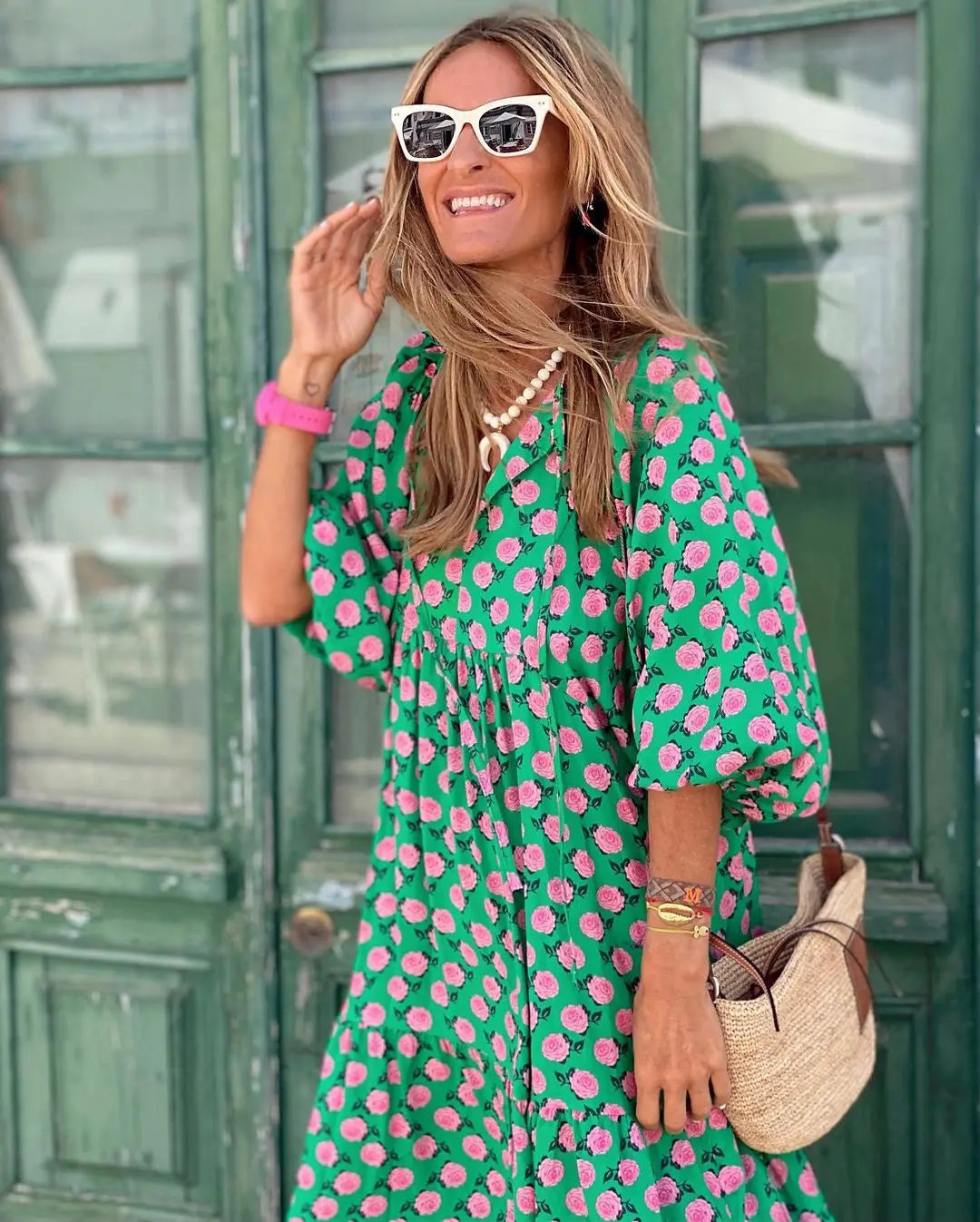 Summer Women Dresses Floral Print Ruffles Boho V-neck Puff Sleeve Casual Loose Beach Dress Half Sleeve Holiday Maxi Long Dress
