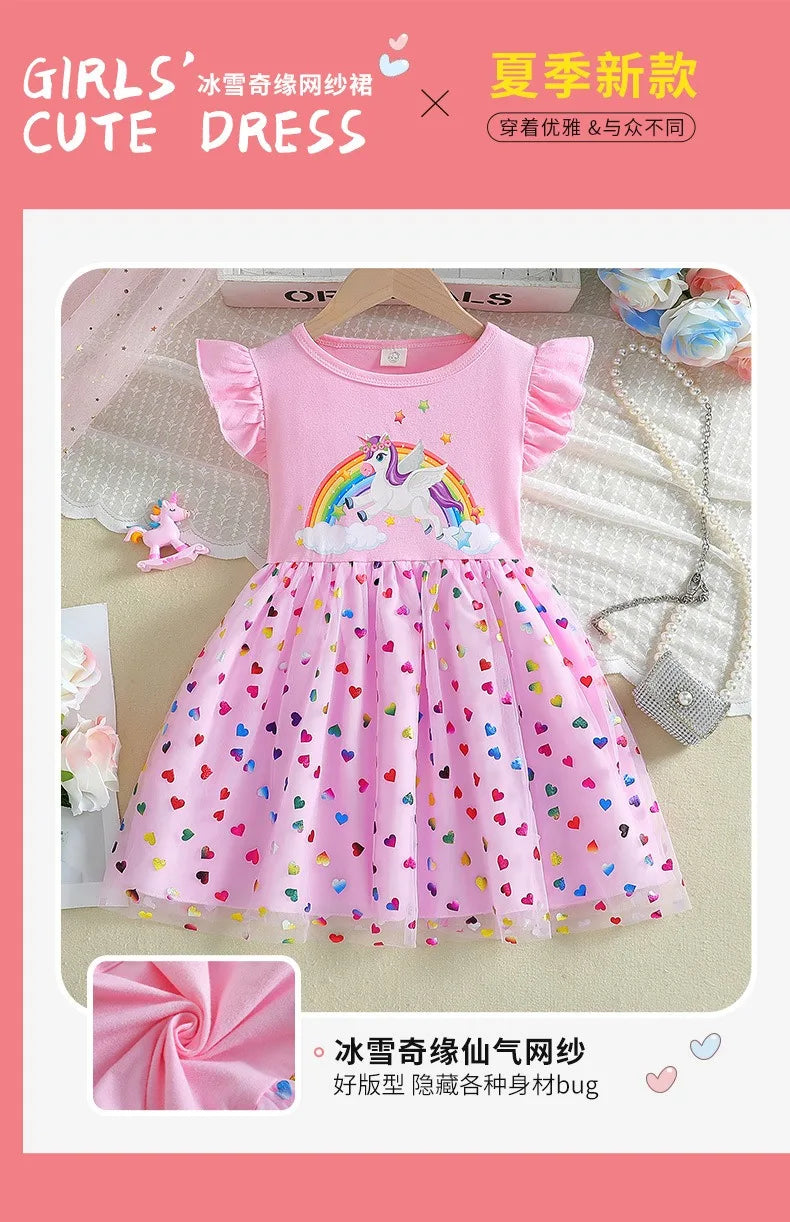 2025 New Unicorn Girls Dress Flying sleeves Kids Clothes Summer Princess Dresses Party Dresses for Children Clothing Rainbow