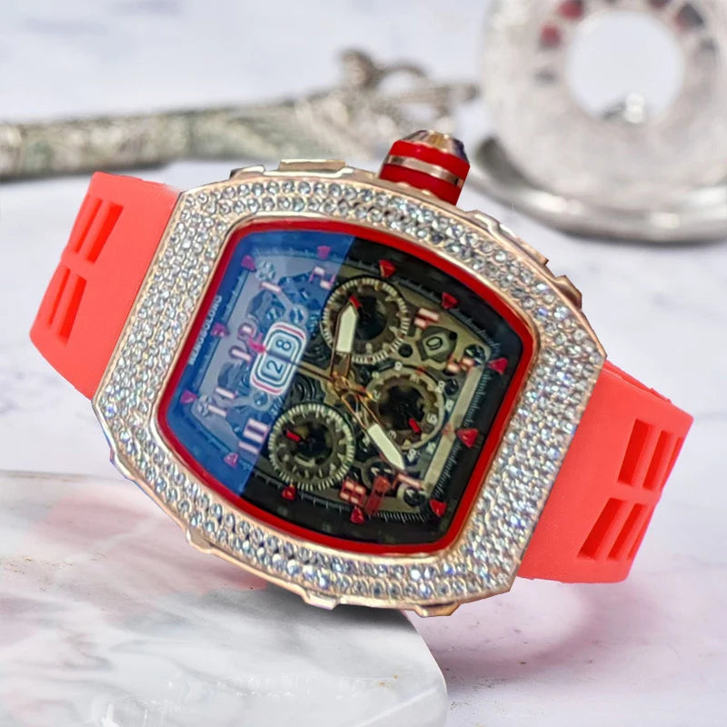 New Men's Hengbo Long European and American Hollow Star Diamond Fashion Barrel-Shaped Three-Eye Six-Hand Business Quartz Watch