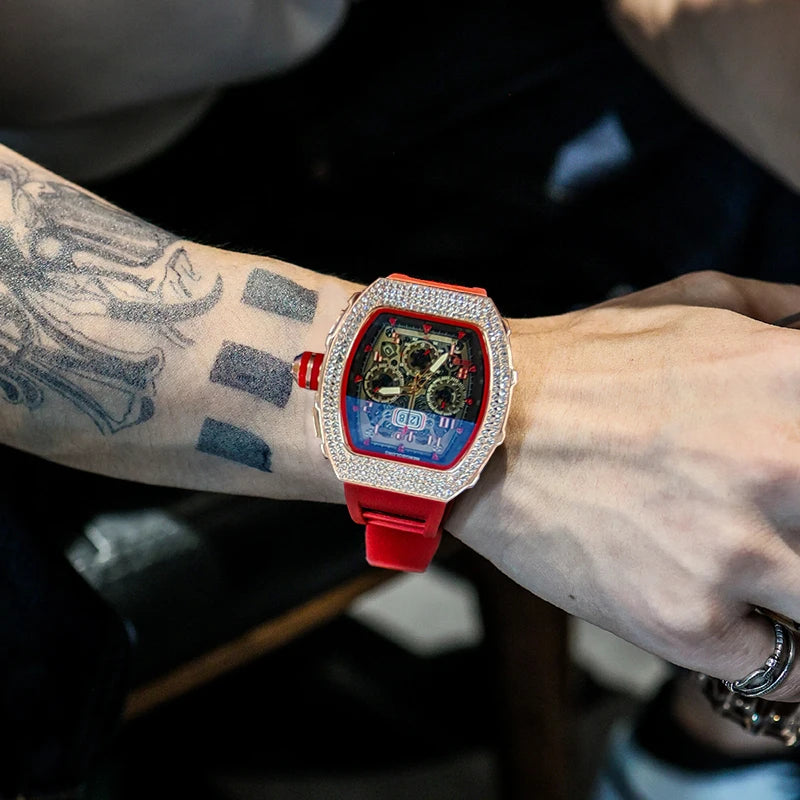 New Men's Hengbo Long European and American Hollow Star Diamond Fashion Barrel-Shaped Three-Eye Six-Hand Business Quartz Watch