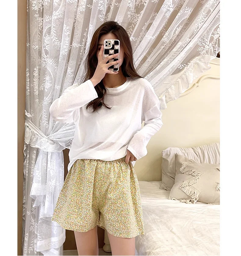 Women's High Waist Summer Shorts Floral Print Lounge Pants Loose Wide Leg Comfy Stretchy Elastic Waist Casual Athletic Home Slee