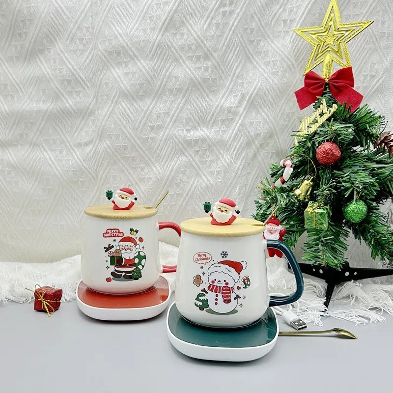 Christmas gift set: 55-degree warm ceramic cup with lid, Santa Claus mug, office coffee cup