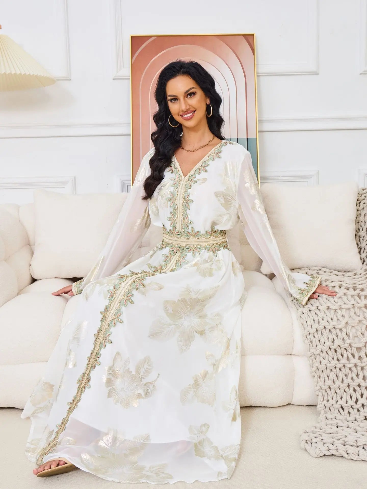 Eid Muslim Women Dress Gown Turkish Caftan Abaya Jalabiya Ramadan Party Dresses Morocco Kaftan V Neck Belt Embroidery Vestidos