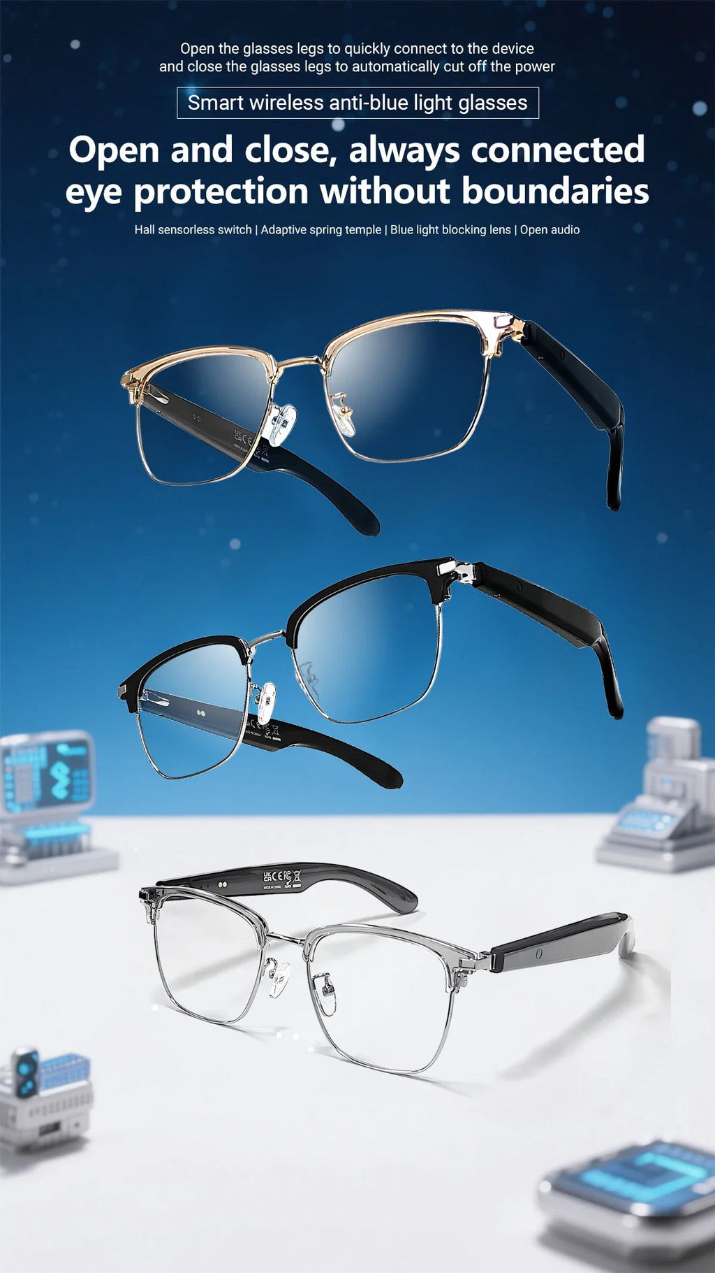 GT-33 smart glasses anti-blue light glassesTranslation Sunglasses Voice Remote Control Music Eyewear Waterproof Eyeglasses