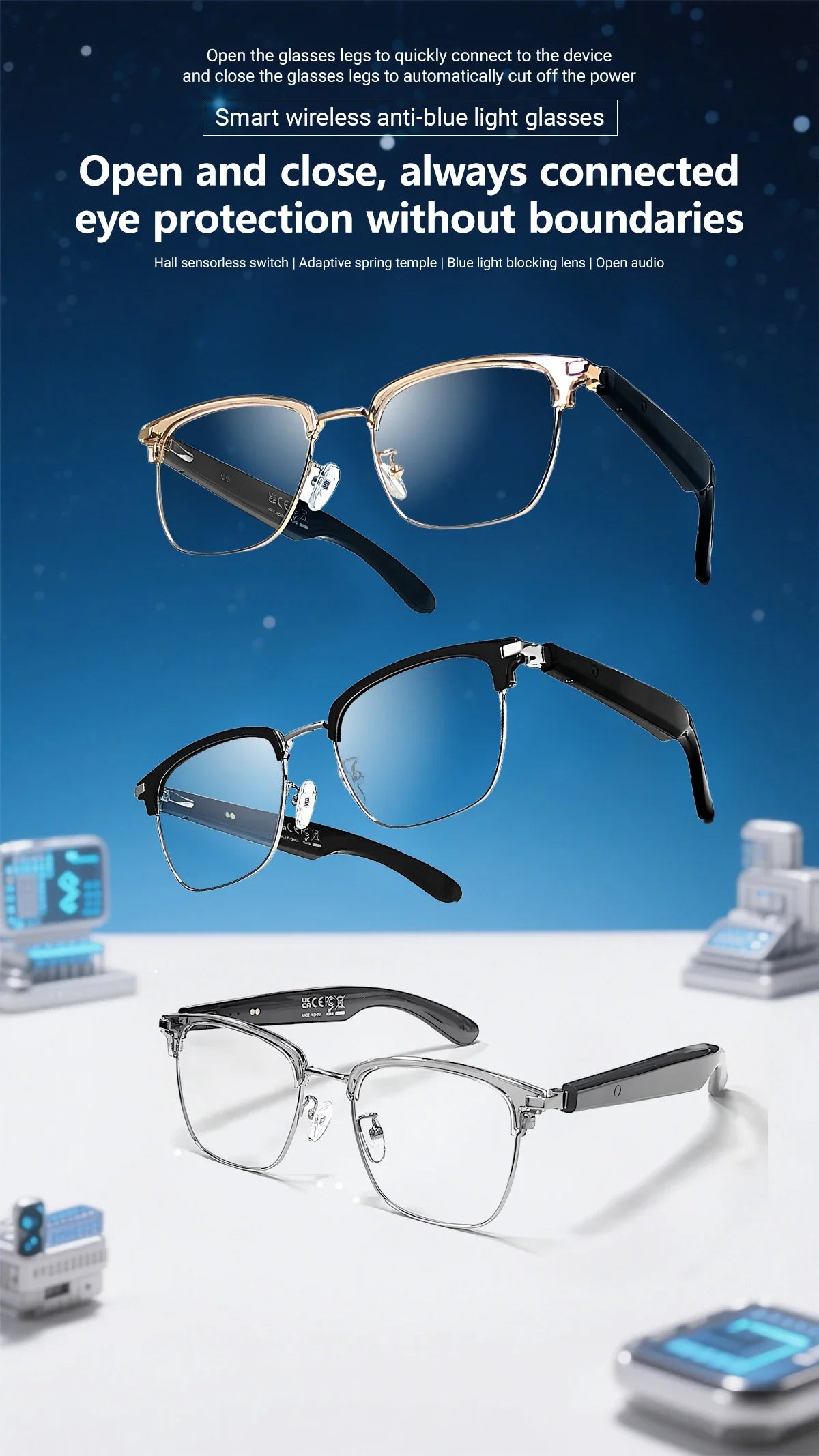 GT-33 smart glasses anti-blue light glassesTranslation Sunglasses Voice Remote Control Music Eyewear Waterproof Eyeglasses