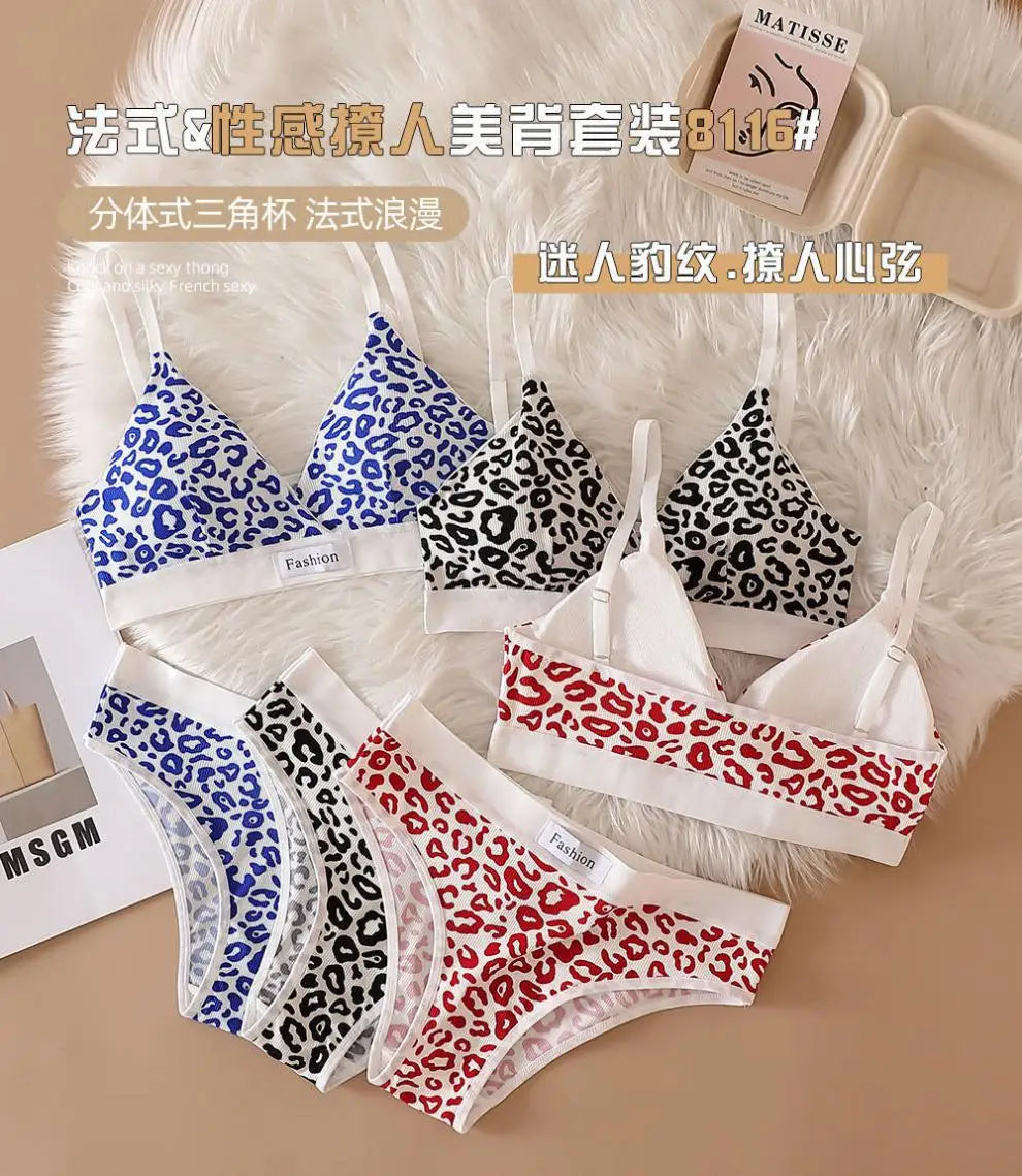 Women Seamless Bra Set Low Waist Panties Leopard Bralette Sexy Lingerie Set Vneck Sport Brassiere Female Cotton Underwear Set