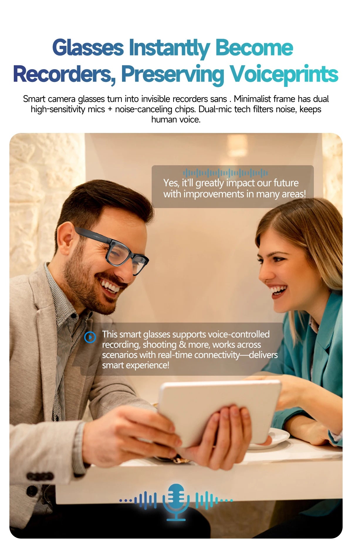 New Camera Glasses 800w Pixel 4K UHD Camera Recording Noise Reduction Ai Recognition Translation Anti Blue Light Smart Glasses