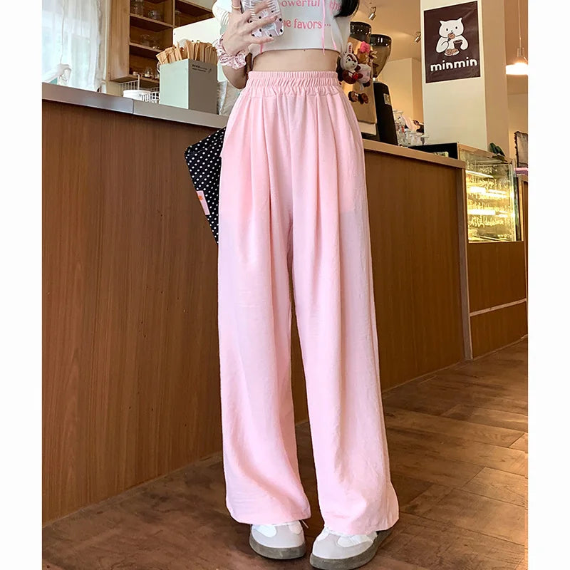 Summer Women Sweet Colorful Ice Silk Pants Lady Baggy Versatile Elastic Straight Leg Trousers Female Wide Leg High Waisted Pants