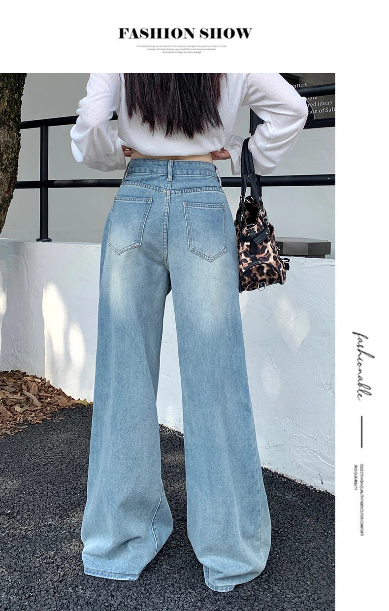 Women's Jeans Denim Pants 2025 Euramerican High Waist Girl Style Jean Trousers Colorful Straight Leg Wide Leg Pants