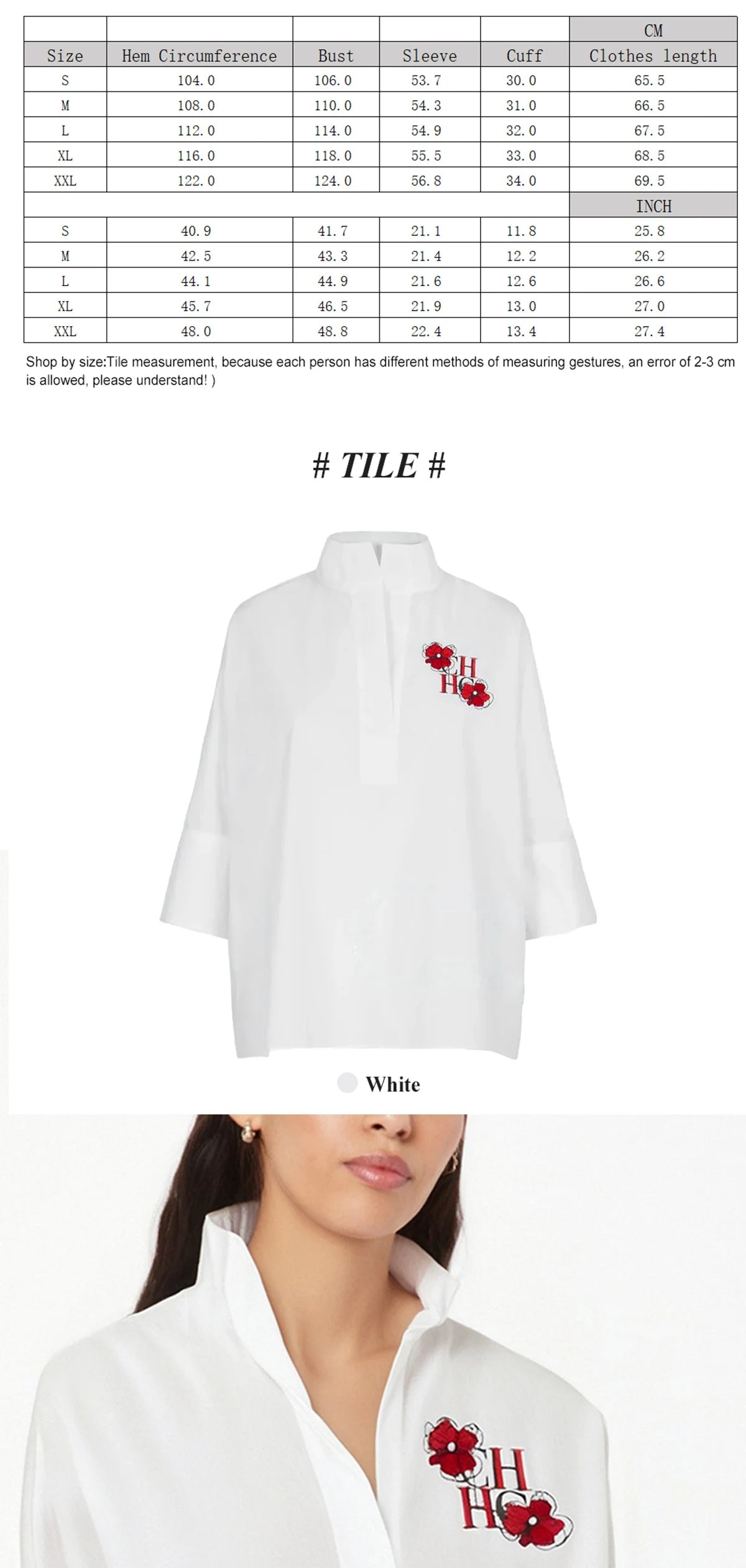 CHCH Women's T-shirt 2025 New White Cotton Top 3/4 Sleeves Simple