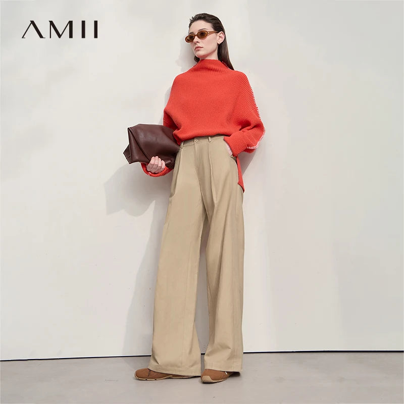 AMII Casual Women Pants 2025 Autumn Elegant Cotton Simple Loose High Waist Pleated Wide Leg Pants Office Lady Clothing 12553020