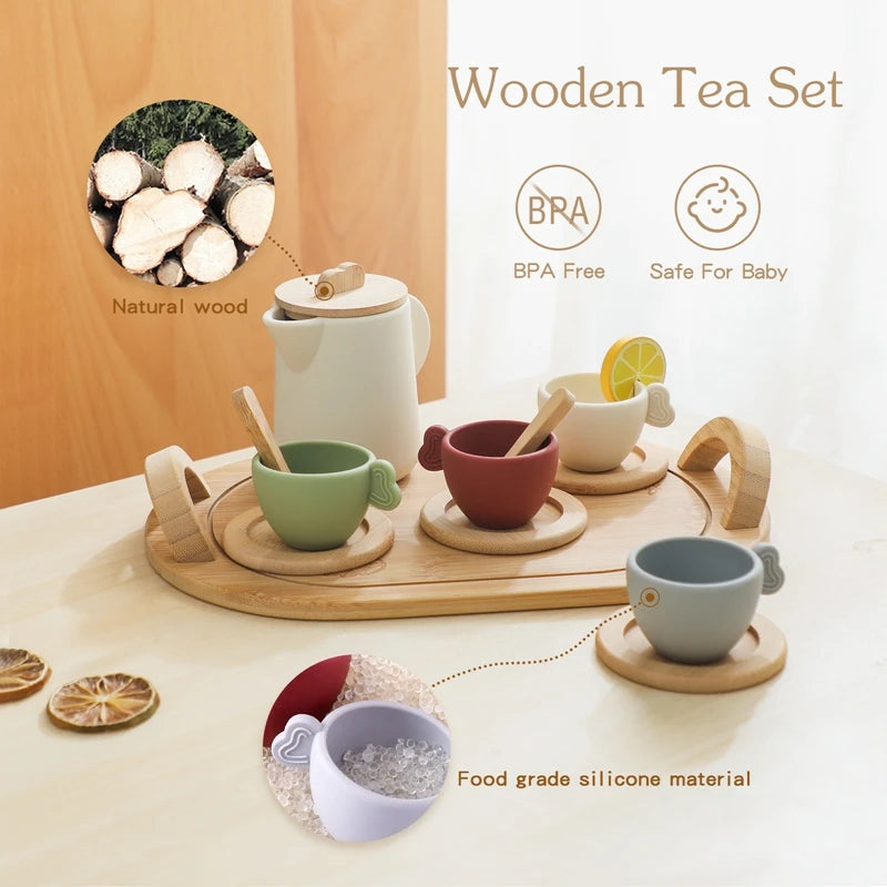 Wooden Montessori Toys Toddler Pretend Play Tea Party Set Silicone Teapot Cups Wood Tray Scoop Toys for Kids Birthday Gift