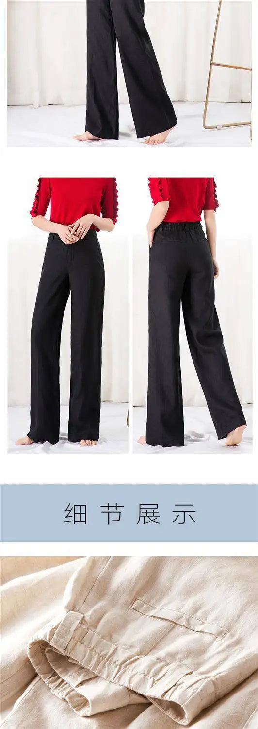 Women's Pants Summer Cotton Linen Wide Leg Pants Full Length Casual Solid White Loose High Waist Straight Trousers Women