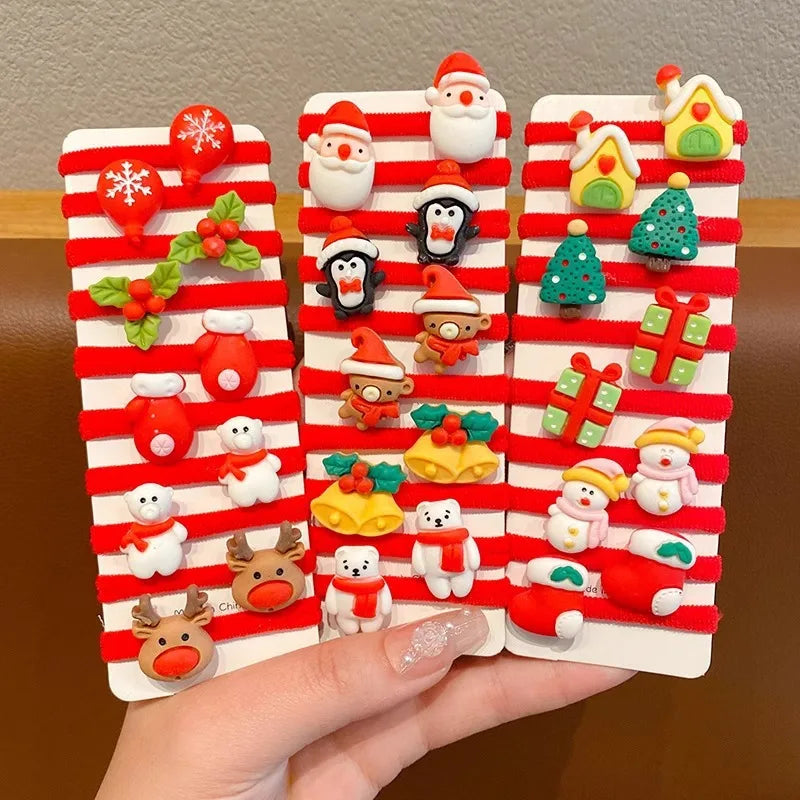 10Pcs/Set Kids Girls Christmas Hair Ties Cute Santa Claus & Reindeer Design Festive Hair Accessories Holiday Parties Decorations