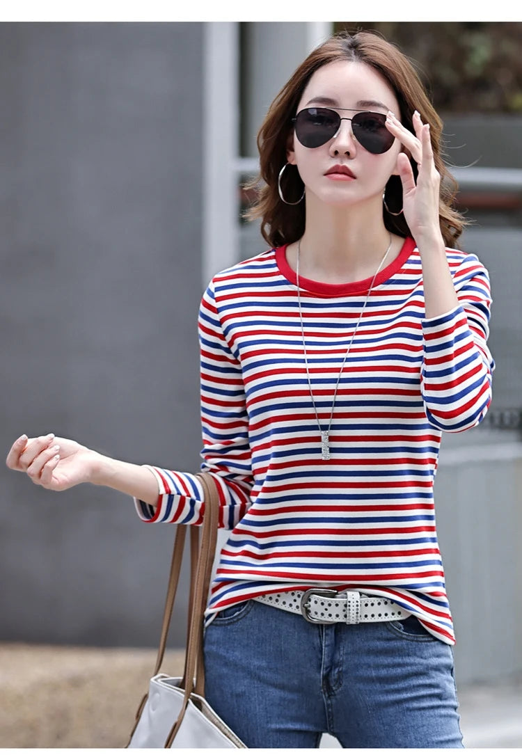 High Quality T Shirt For Women Korean Fashion Clothes Autumn Cotton Stripe Tee Shirt Femme O Neck Tops Woman Long Sleeve Tshirts
