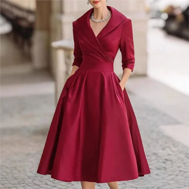 Women Elegant Wedding Guest Dress Turndown Collar Mid-Length Waisted A-Line Evening Dress Cocktail Party Satin Midi Dresses