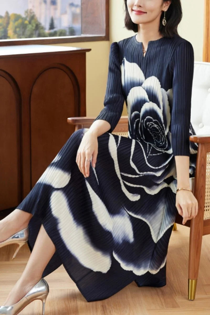 Women's Dress Womens Dresses Elegant and Peony Flower Print Cropped Sleeve Pleated Loose Dress Women's Miyake Round Neck Dress