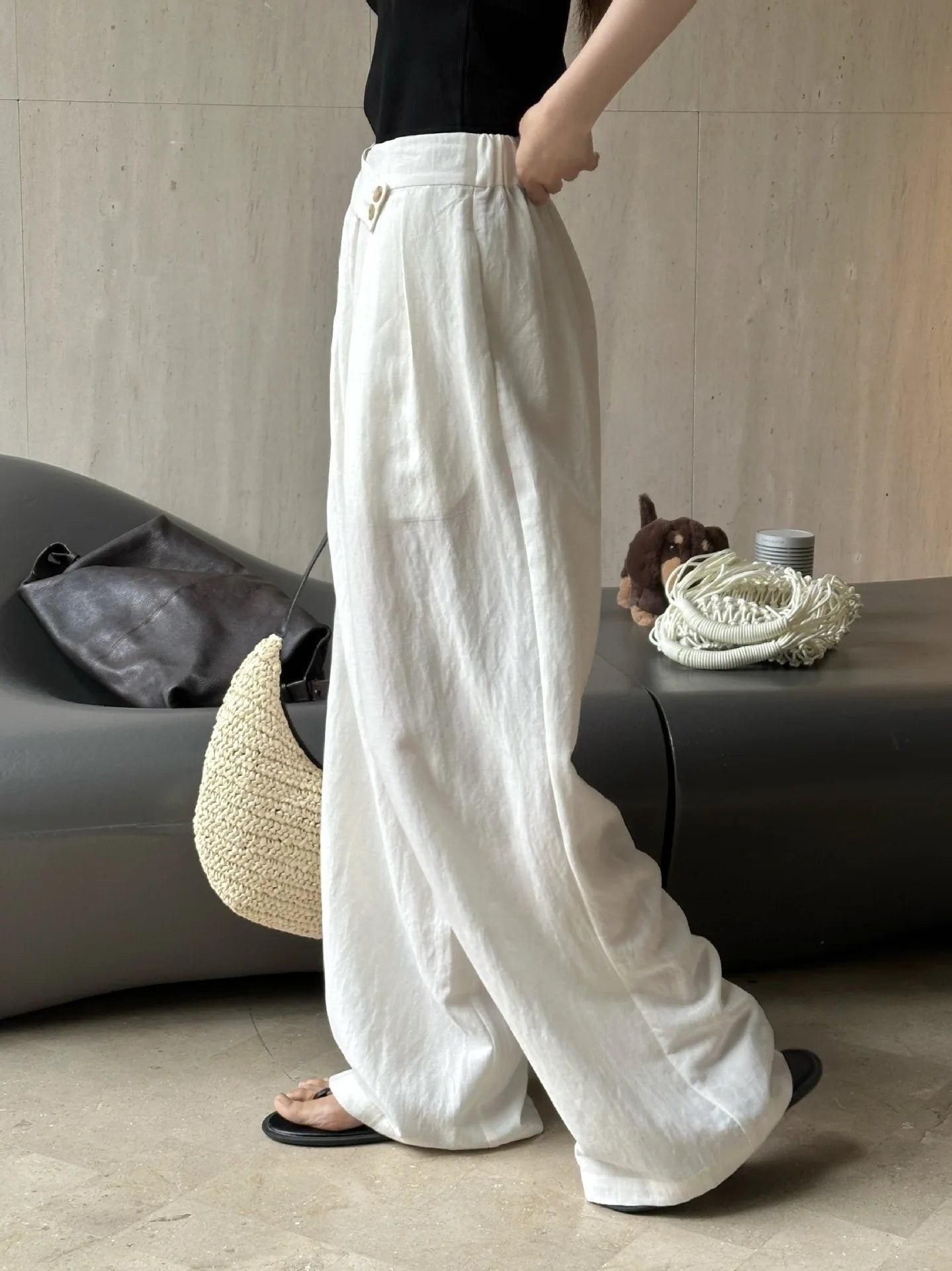 Summer women's casual solid color high waisted loose wide leg pants