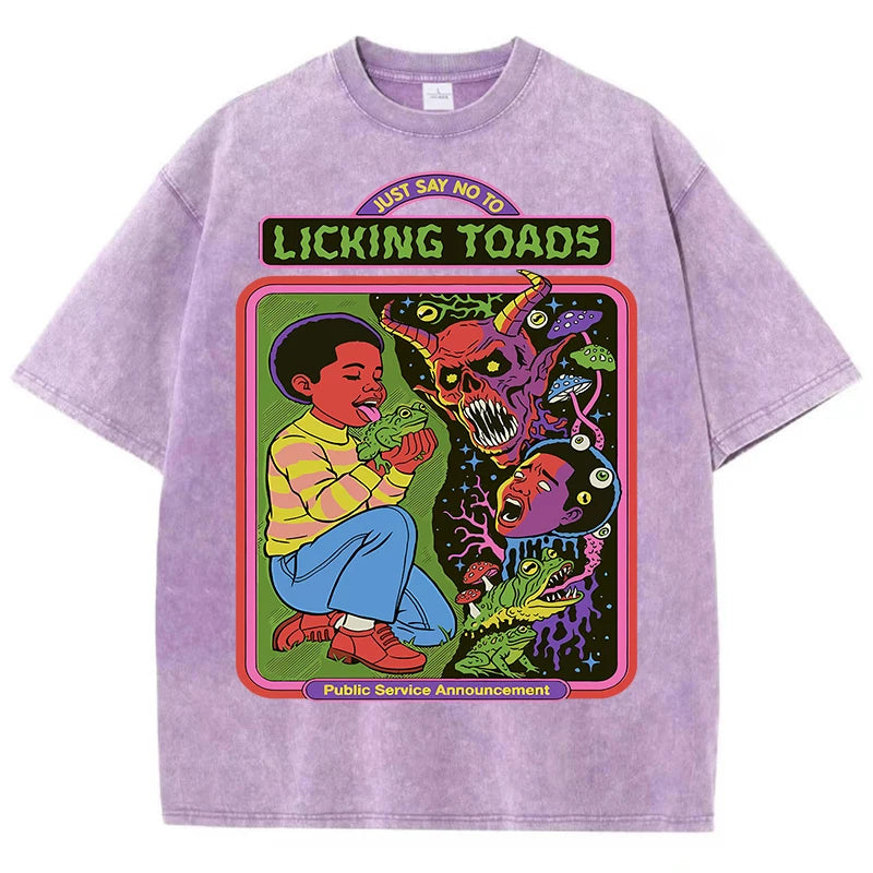 Licking Toads Printing Washed Men T Shirts Casual Stree Hip Hop Tees Breathable Soft Cotton Sport Loose Short Sleeve Unisex