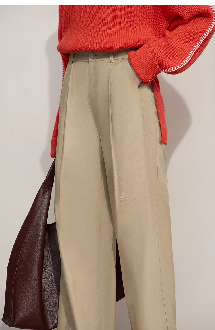 AMII Casual Women Pants 2025 Autumn Elegant Cotton Simple Loose High Waist Pleated Wide Leg Pants Office Lady Clothing 12553020