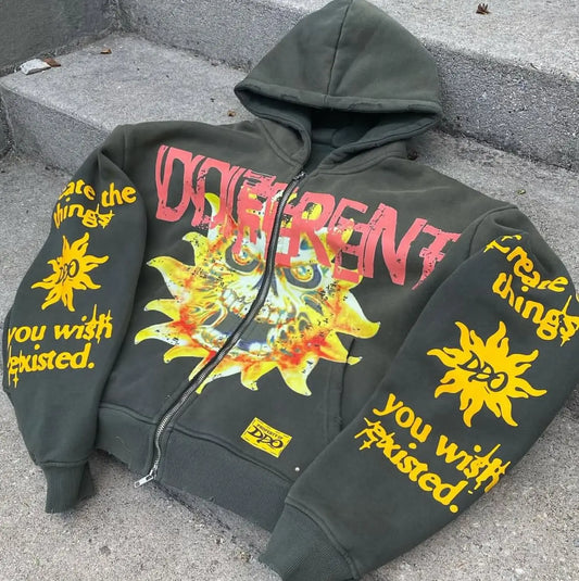 Y2K Gothic Graffiti Print Zip Up Hoodies for Women's Grunge Vintage Sweatshirt Harajuku Japanese Aesthetic Men Jackets