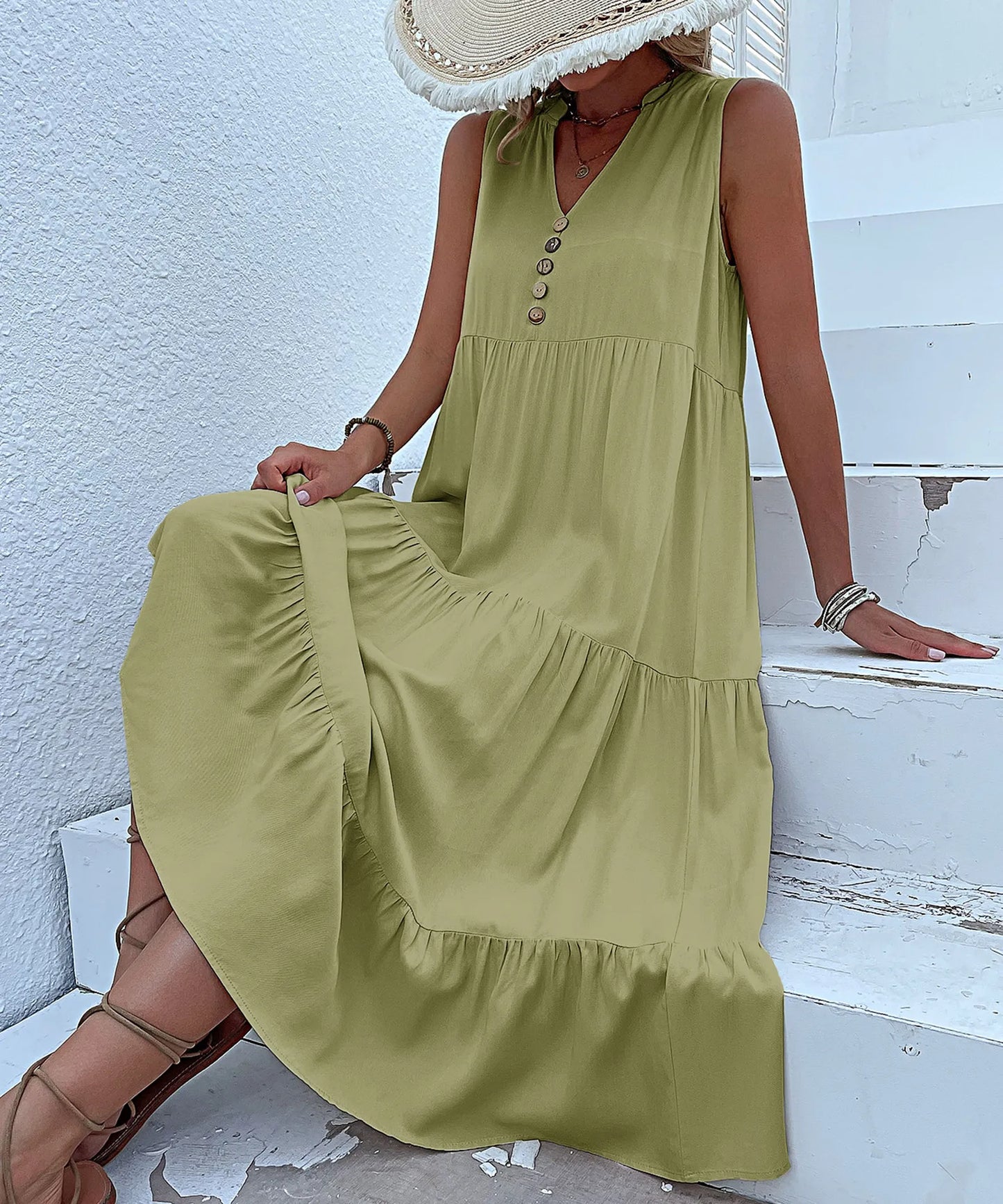Dresses for Women 2025 Summer V-neck Single-breasted Vest Dress Sleeveless Loose Casual Solid Color Dress Vestidos De Mujer