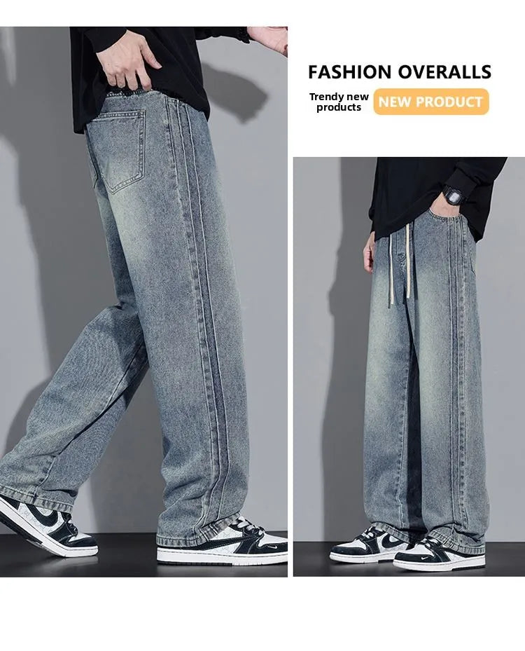 Elastic Loose Straight Jeans Men's Wide Legged Denim Pants Casual Trousers Korean Style Sportswear Clothing Jeans Men Pants