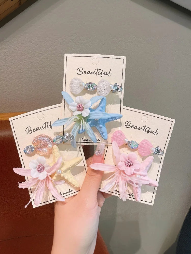 2PCS Kids' Fairy Starfish & Flower Hair Clips – Girls' Updo Alligator Clips, Bangs & Loose Hair Clips, Baby Hairpins, Hair Acces