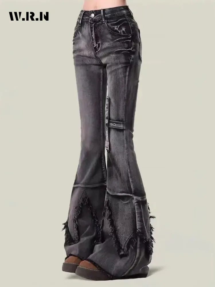 New retro slim-fitting women pants Y2k fashion trendy wasteland trousers legs furrow stretch jeans for women