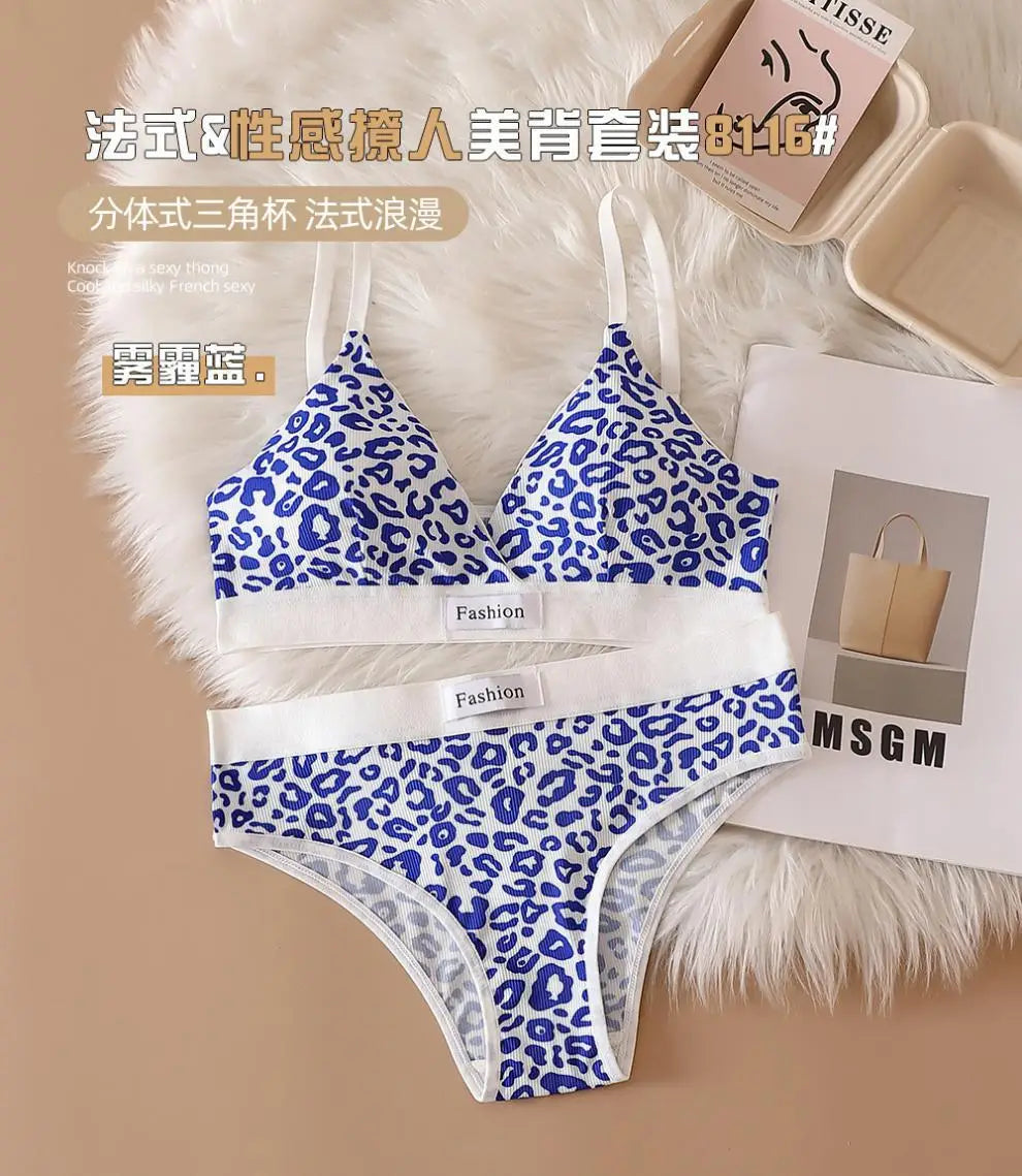 Women Seamless Bra Set Low Waist Panties Leopard Bralette Sexy Lingerie Set Vneck Sport Brassiere Female Cotton Underwear Set
