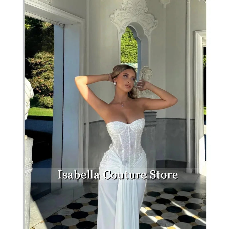 Attractive Evening Dresses for Women Strapless White Sequin Long Silk Scarves Prom Dresses Strapless Lacing upCustomized