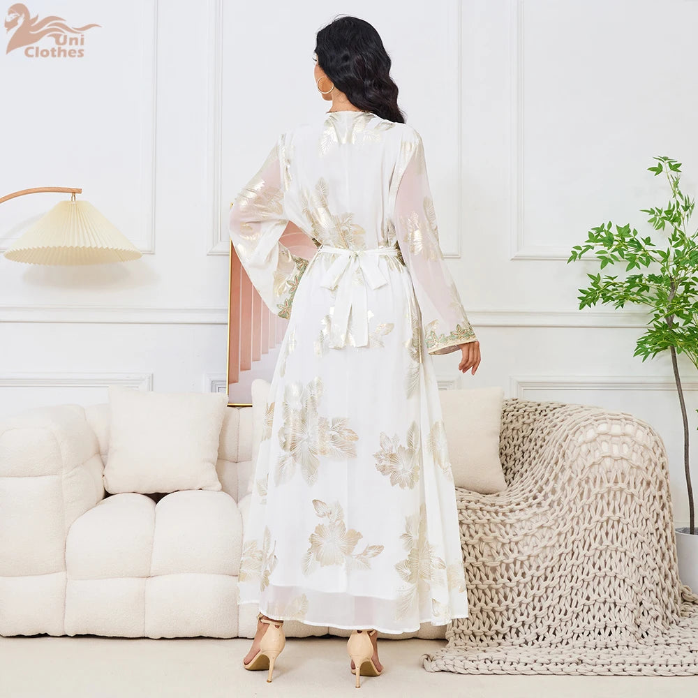 Eid Muslim Women Dress Gown Turkish Caftan Abaya Jalabiya Ramadan Party Dresses Morocco Kaftan V Neck Belt Embroidery Vestidos