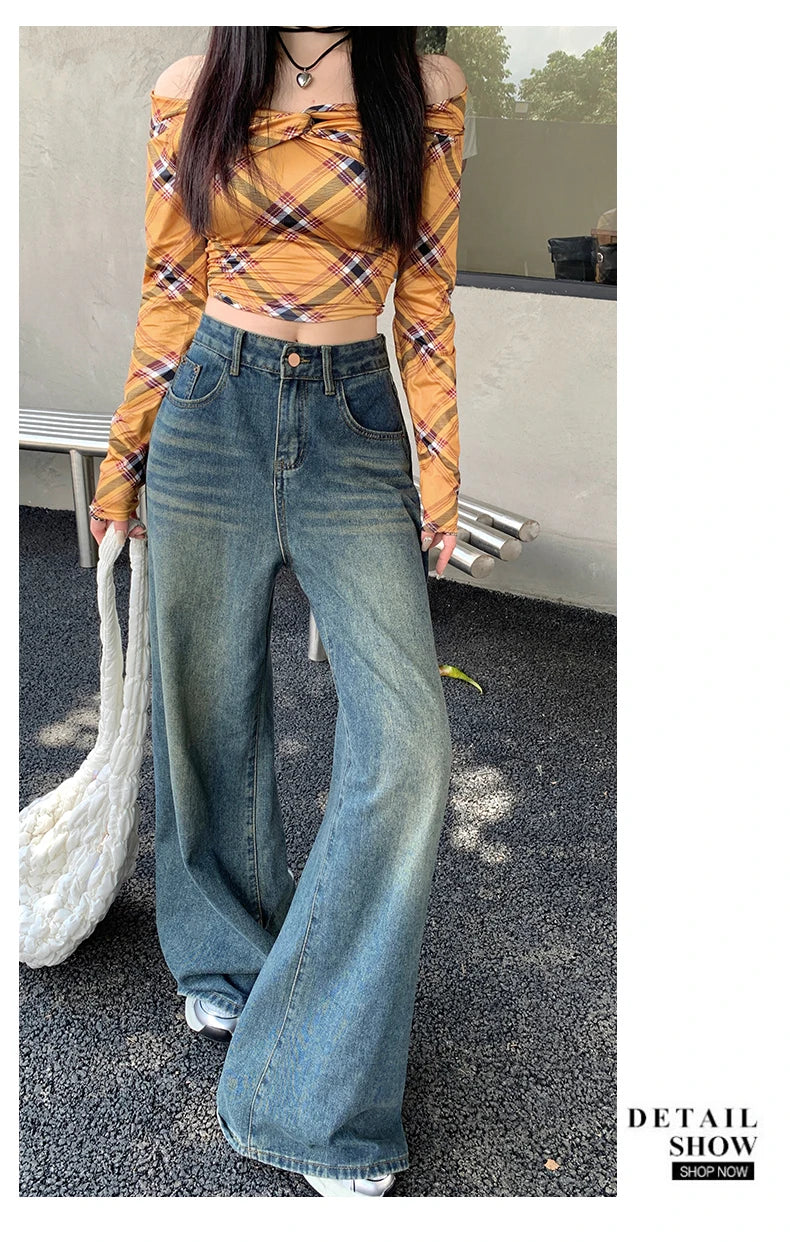 Women's Jeans Denim Pants 2025 Euramerican High Waist Girl Style Jean Trousers Colorful Straight Leg Wide Leg Pants