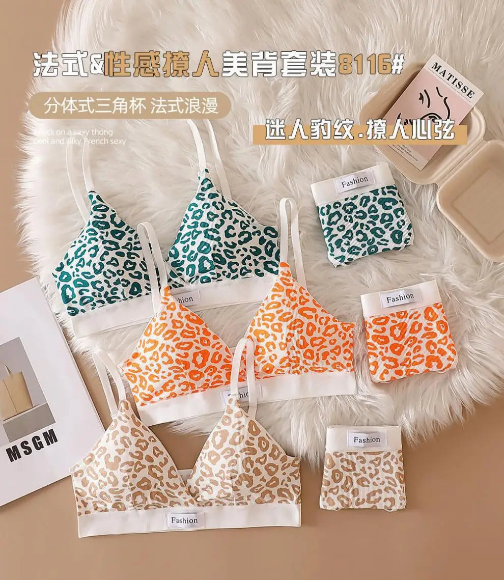 Women Seamless Bra Set Low Waist Panties Leopard Bralette Sexy Lingerie Set Vneck Sport Brassiere Female Cotton Underwear Set