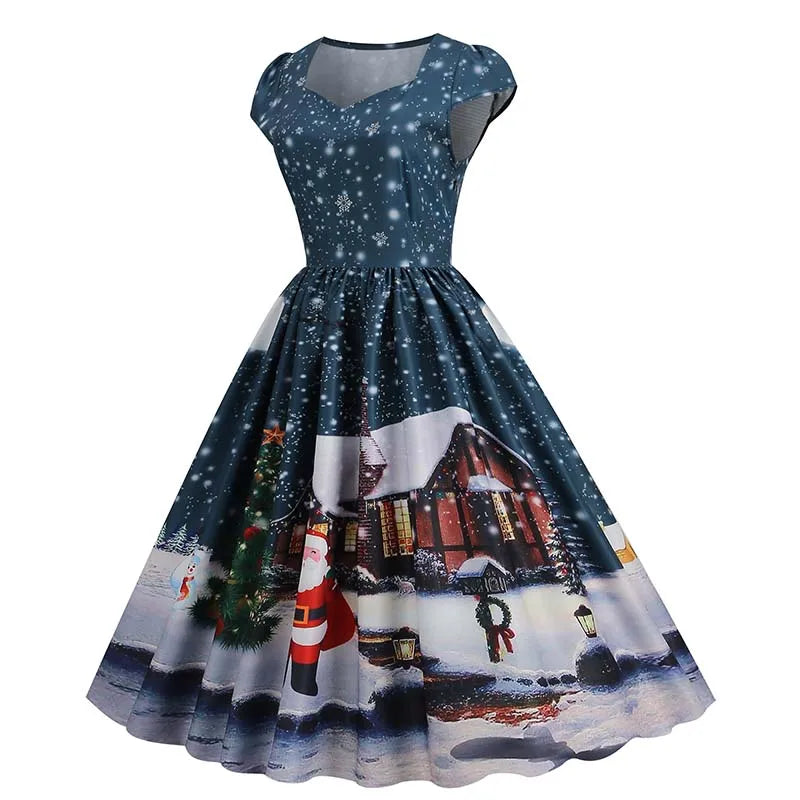 Christmas Dresses for Women Winter Pinup Rockabilly Sexy Cosplay Party Dress Santa Claus Snow Print Cocktail Prom Dress