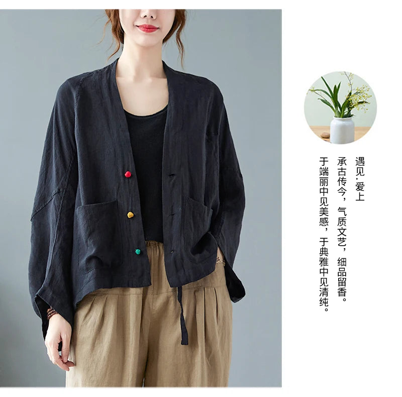 Women Long Sleeve Jackets New 2022 Autumn Vintage Style All-match Loose Comfortable Cotton Linen Female Casual Coats B2100