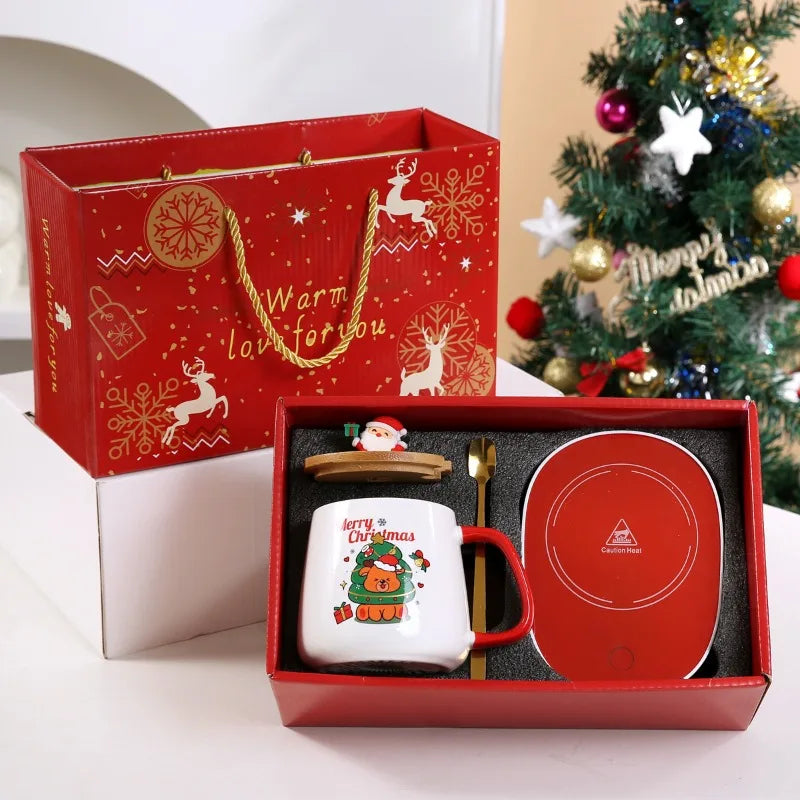 Christmas gift set: 55-degree warm ceramic cup with lid, Santa Claus mug, office coffee cup