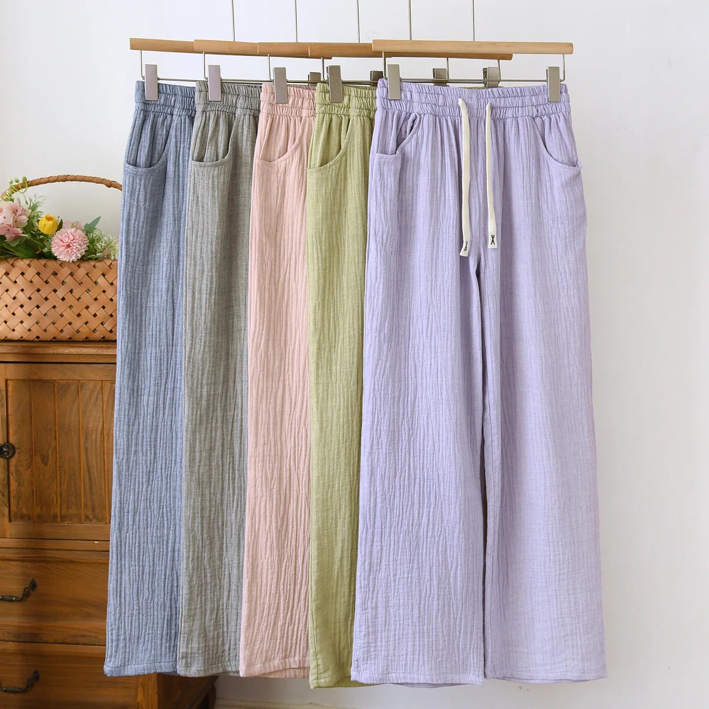 Summer Women Cotton Gauze Wide Leg Pants Casual Loose Elastic Waist Trousers with Pockets Solid Color Breathable Lounge Pants